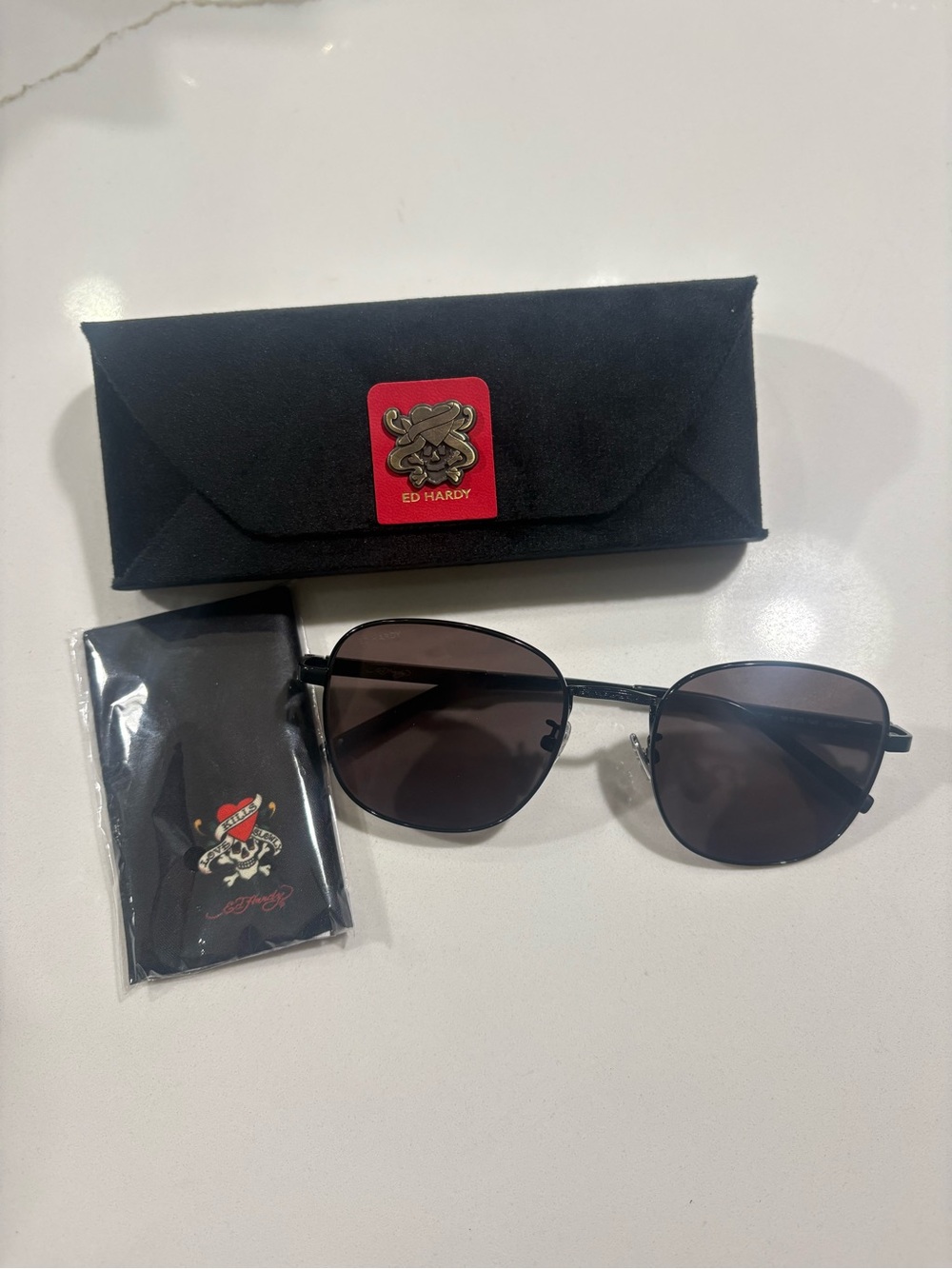 Ed Hardy Black Metal Frame Sunglasses with Dark Lenses